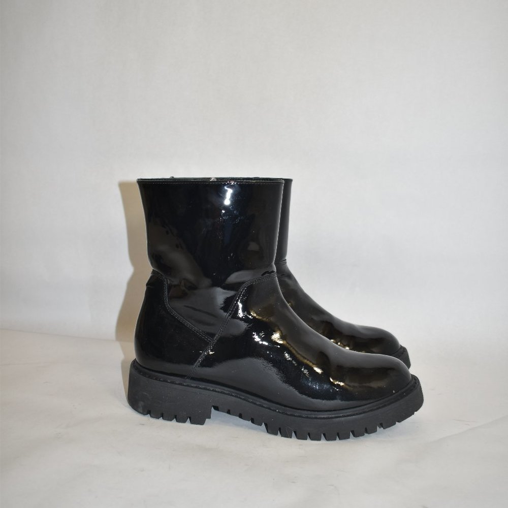 $550 AQUATALIA PATENT LEATHER WATERPROOF MOTO lug BOOT BLACK 8.5 (P1)